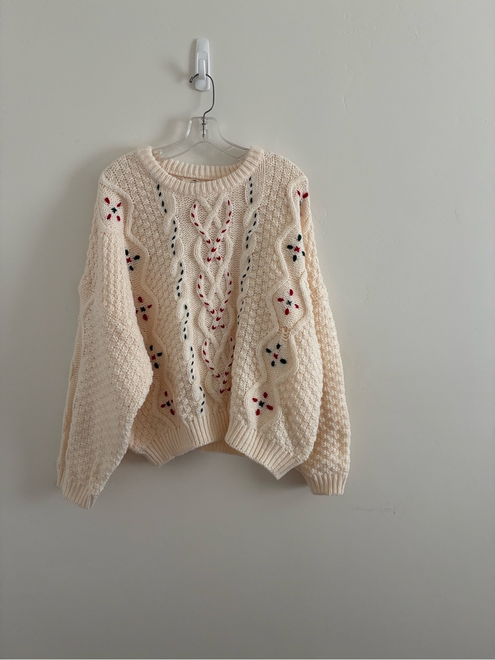 Entro Cream Cable Knit Sweater with green and red Embroidered Detail woman large